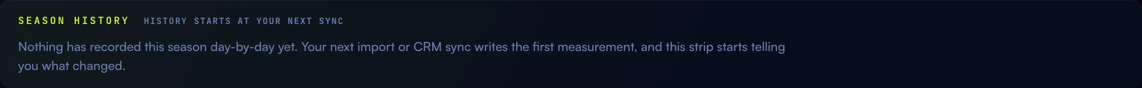 The reveal strip in its pre-history state: SEASON HISTORY, HISTORY STARTS AT YOUR NEXT SYNC, with a note that the next import or CRM sync writes the first measurement