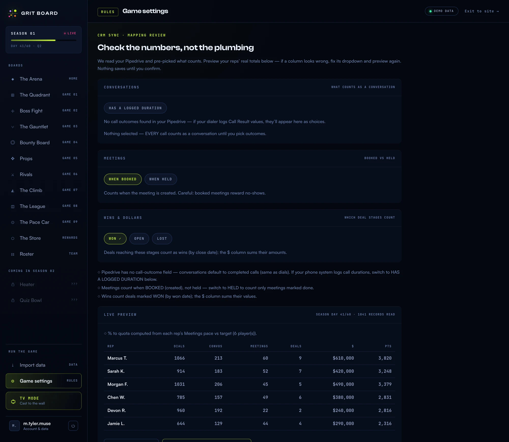 The mapping review titled Check the numbers, not the plumbing: three decision cards for conversations, meetings booked versus held, and which deal stages count as wins, above a live preview table of six reps' real totals