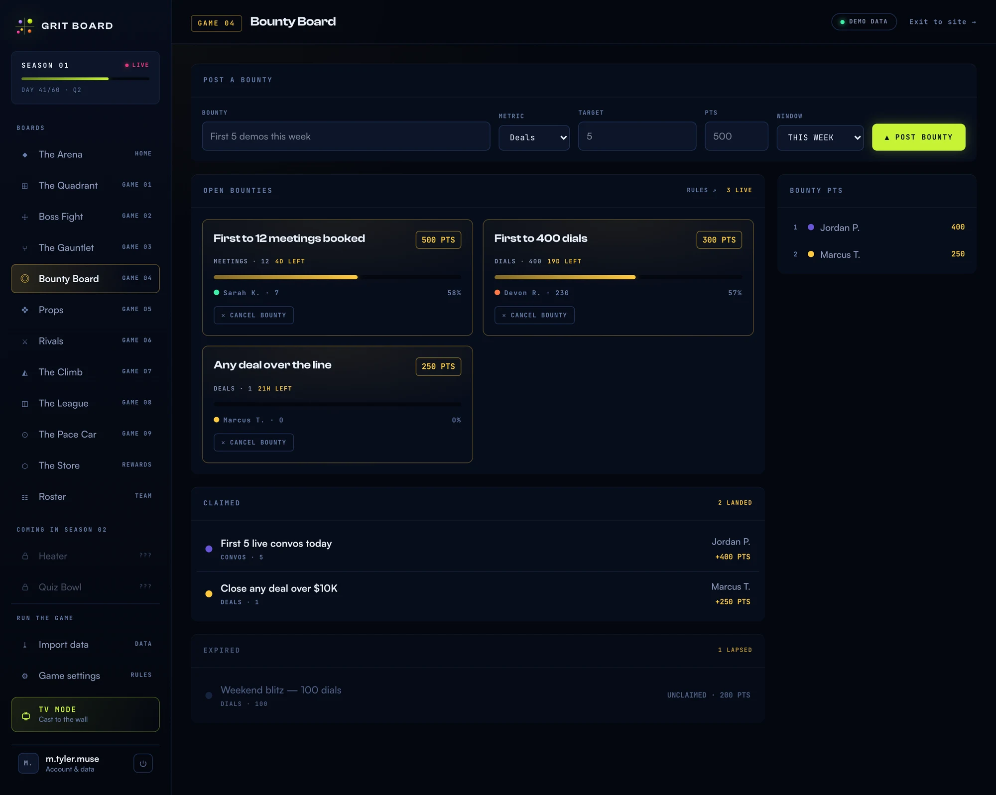 The Bounty Board in the Grit Board dashboard: a post-a-bounty form, three open bounty cards with gold progress bars and countdowns, a claimed wall, an expired section, and the bounty points leaderboard