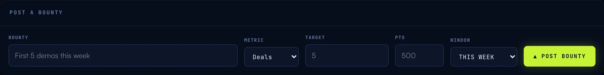 The post-a-bounty form: title, metric picker, target, points, window selector, and the post button