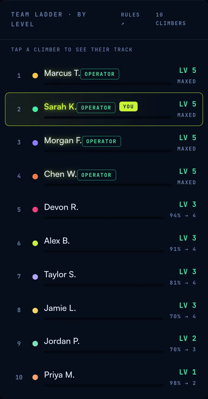 The Climb's team ladder: ten climbers ranked by level, each with a small progress bar and percent toward their next level