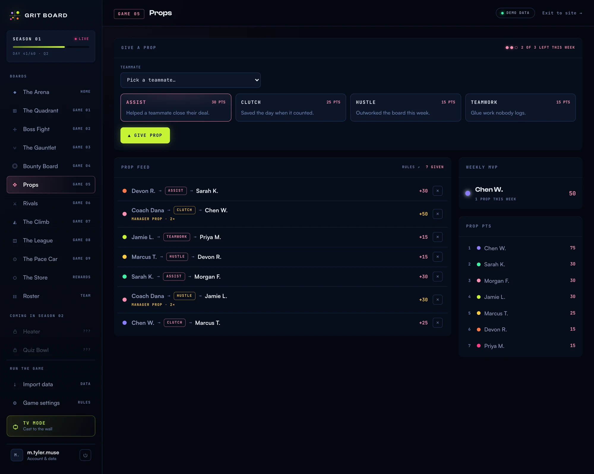 The Props board in the Grit Board dashboard: a give-a-prop panel with four category cards, a public prop feed with gold manager props, the weekly MVP card, and the prop points leaderboard