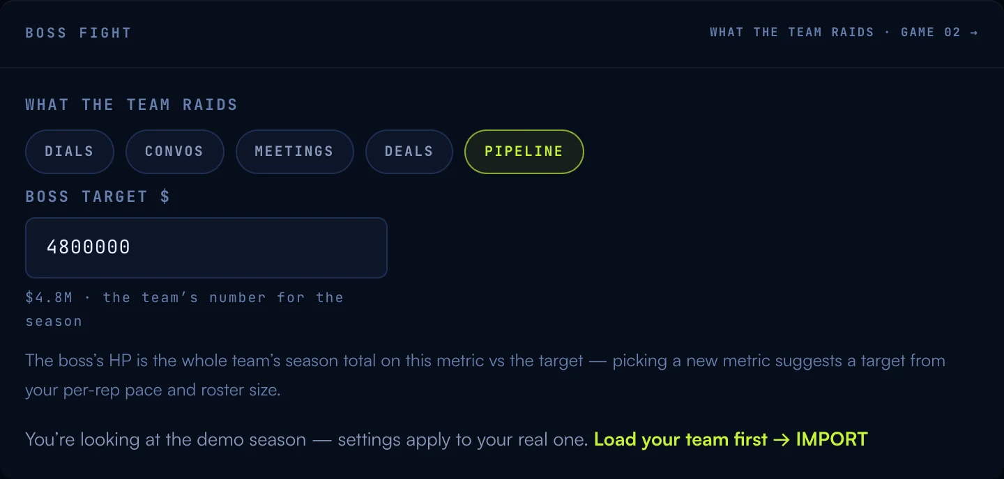 The Boss Fight settings card: metric chips for what the team raids with Pipeline selected, and the boss target field set to $4.8M