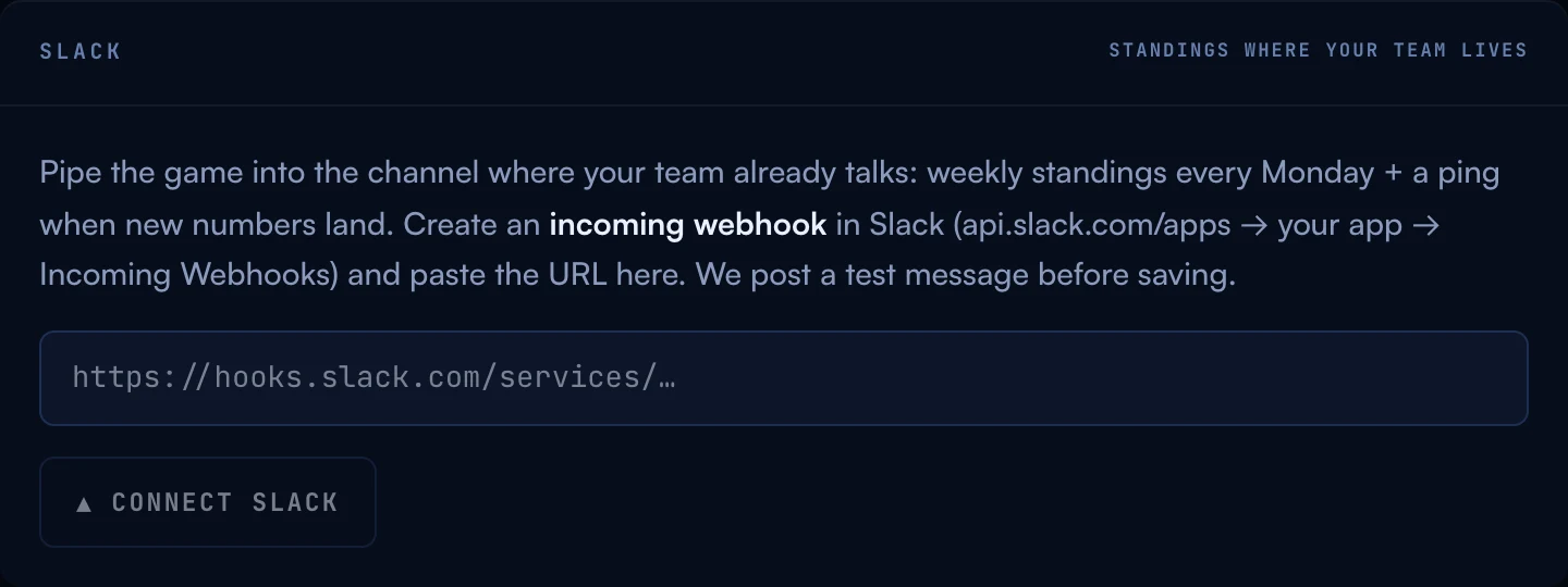 The Slack panel on the Account page: instructions for creating an incoming webhook, a URL field, and the Connect Slack button