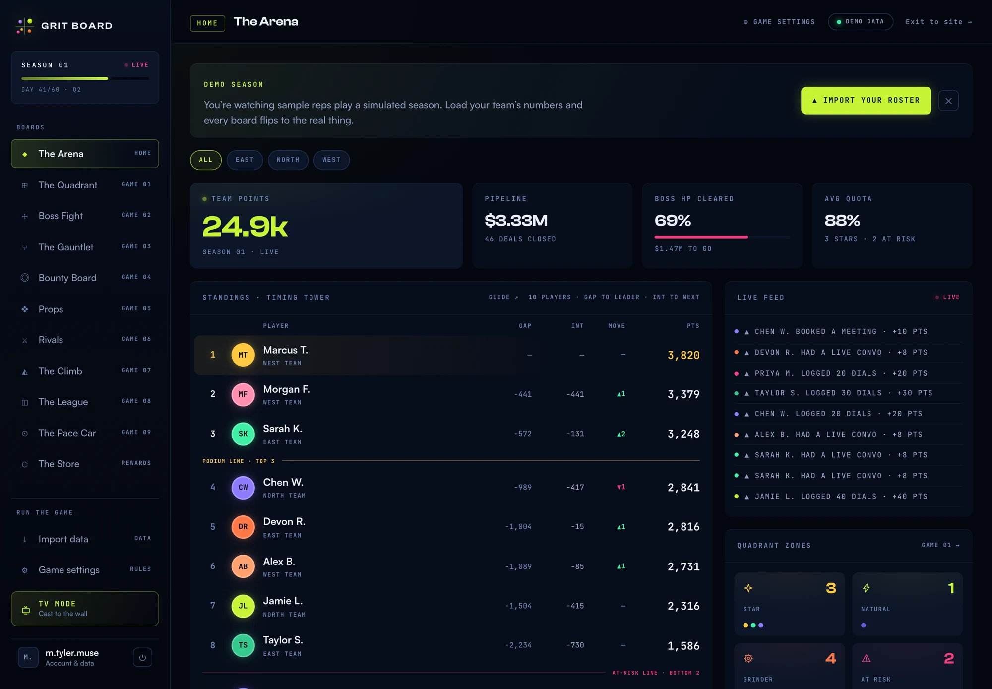The Arena on the demo season: a banner explaining sample reps are playing a simulated season with an Import your roster button, above live KPIs, the standings tower, and a live feed