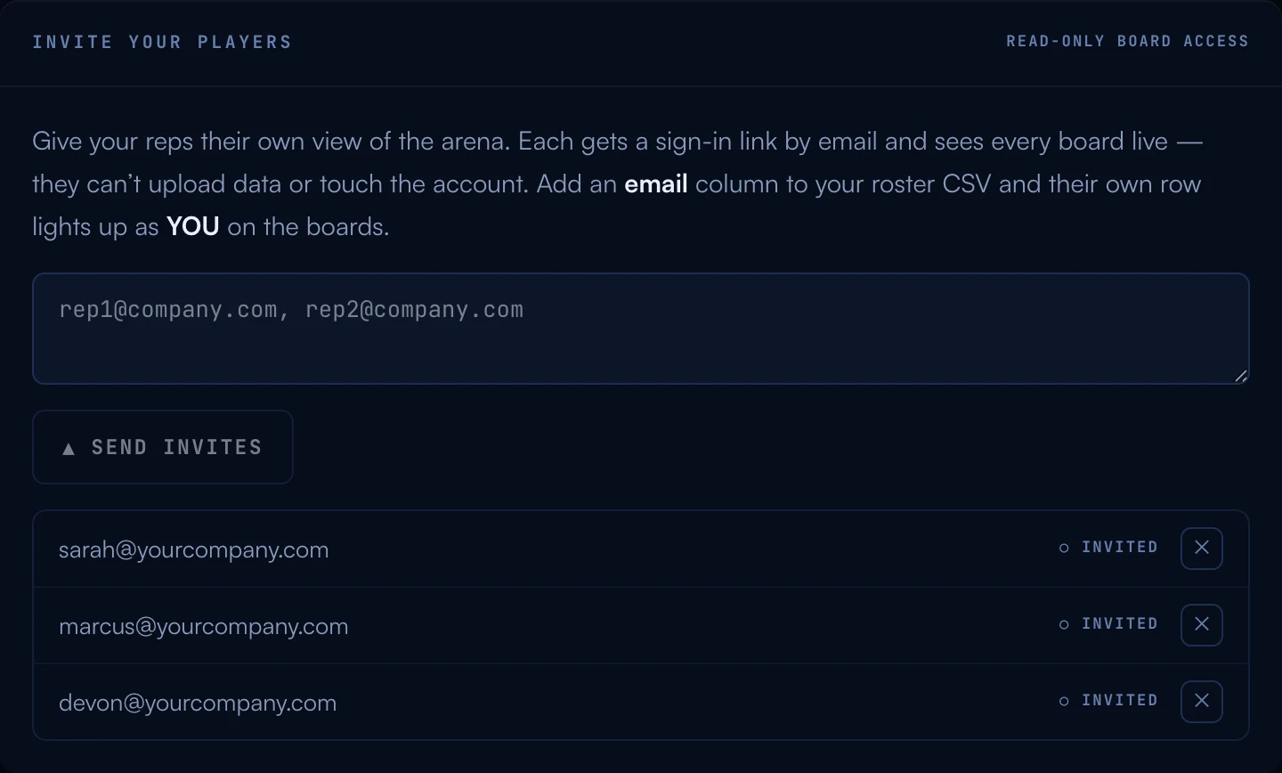 The invite-your-players panel on the Account page: paste emails, send invites, and a list of sent invitations