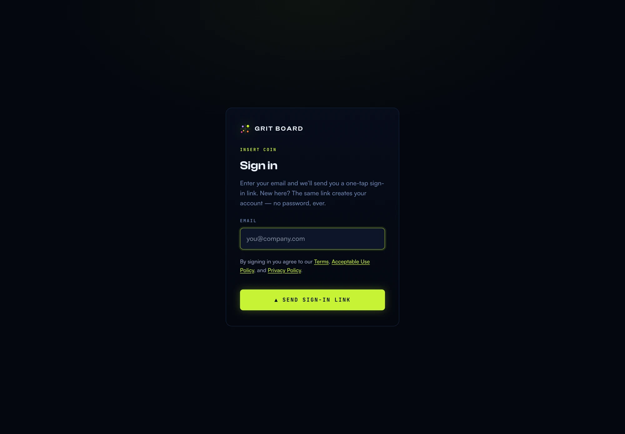 The Grit Board sign-in screen: a single email field that sends a magic sign-in link