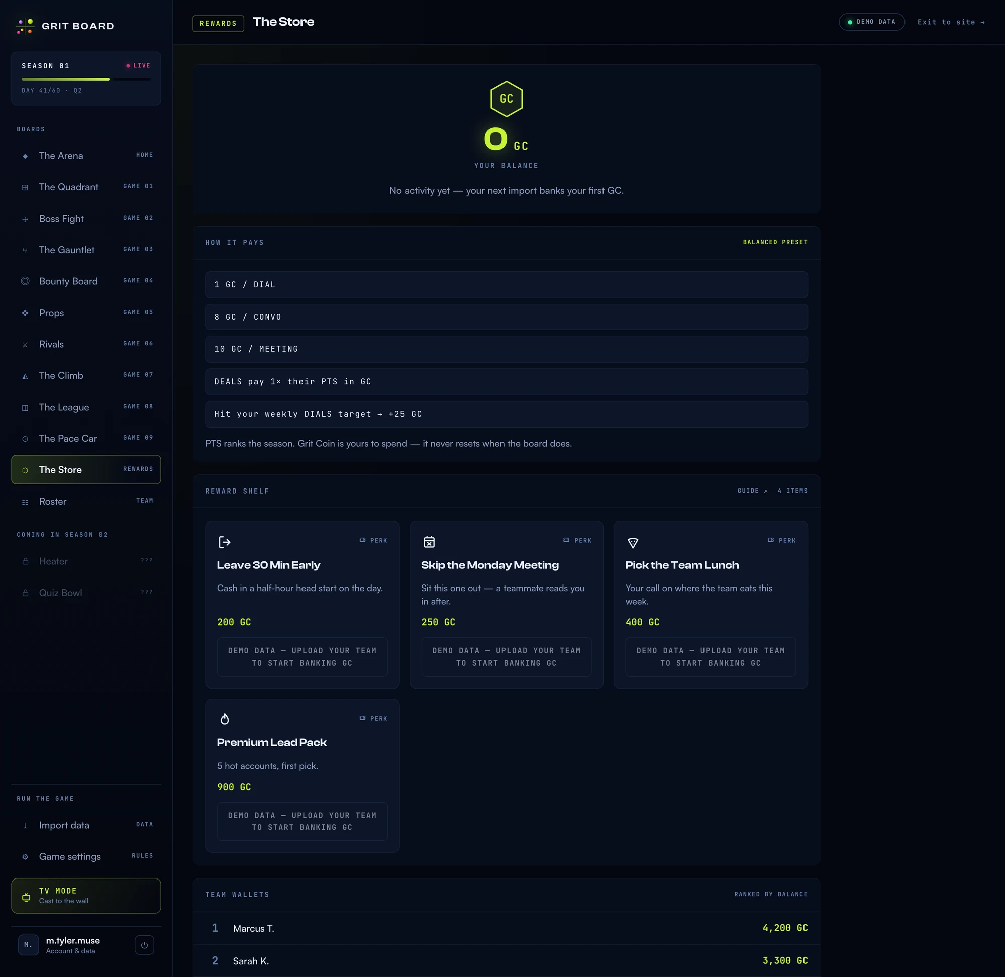 The Store: a wallet balance hero, the How it pays panel listing GC rates per action, a reward shelf with four perks priced in GC, and team wallets ranked by balance