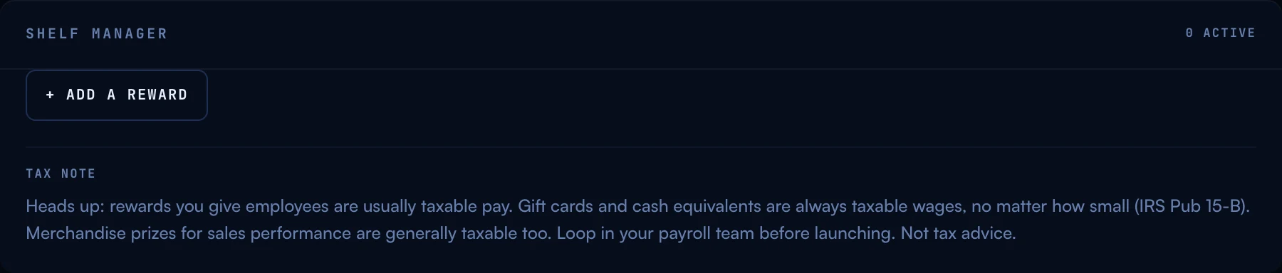 The Shelf manager panel with an Add a reward button and the tax note about rewards usually being taxable pay