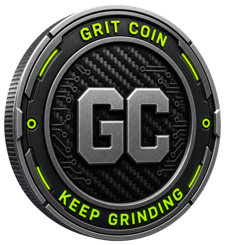 Grit Coin Carbon Chip with volt green Grit Coin and Keep Grinding lettering